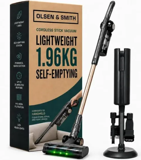 Olsen & Smith Self-Empty Cordless Vacuum Cleaner, 5.3kg Stick & Handheld (18kPa, H13 HEPA, LED Headlights)